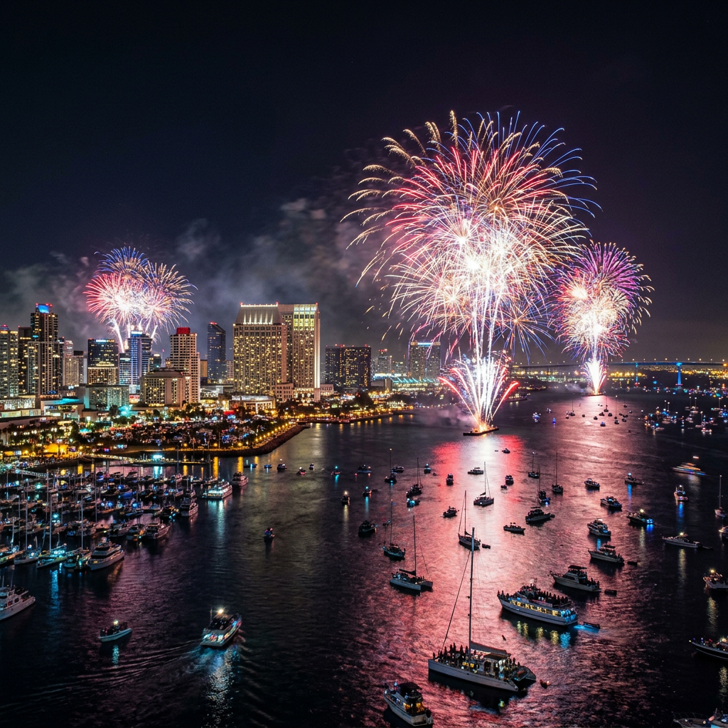 Fireworks display over city waterfront with boats on the water at night